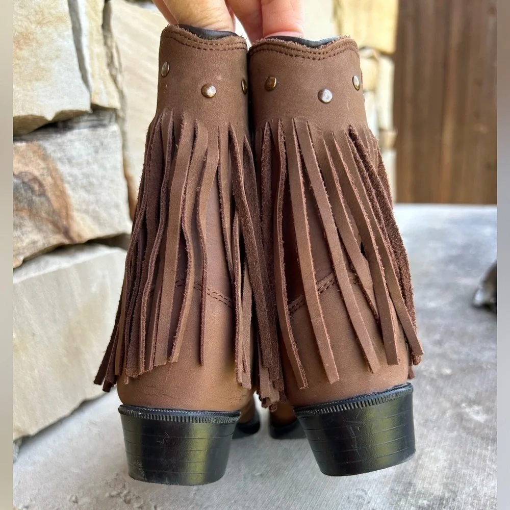 Old West leather round toe western brown‎ fringe kids boots Sz-7.0D.   J